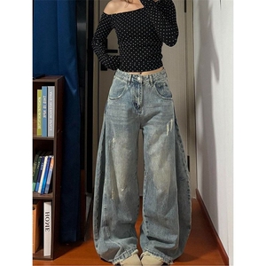 辣妹美式做旧破洞弯刀牛仔裤女春秋新款设计感宽松百搭阔腿拖地裤图片