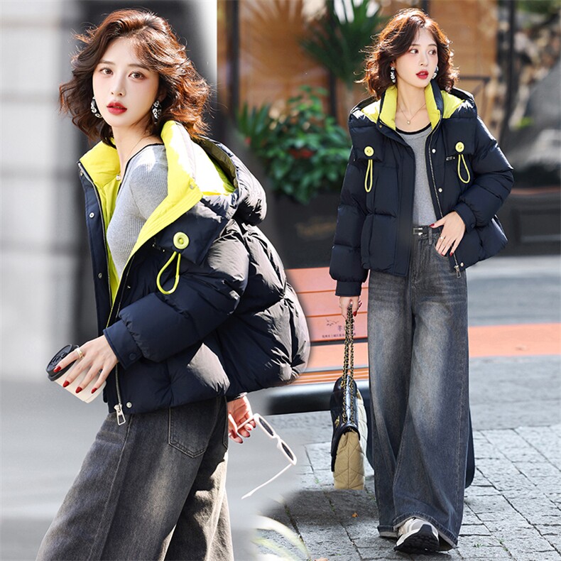 藏青色休闲连帽短款羽绒服女2025冬季新款宽松加厚保暖白鸭绒外套,女装羽绒服,歌伊格美