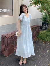 法式浪漫刺绣系带连衣裙女2025年夏季新款甜美泡泡袖气质显瘦长裙，女装连衣裙，慧尚2-185