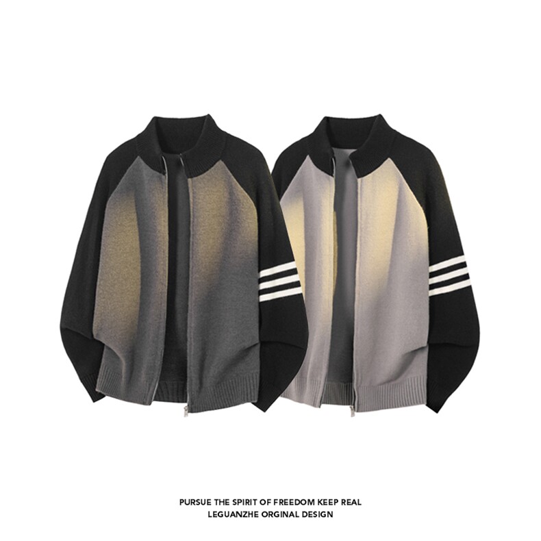 2025秋季新款港风白底大码开衫拼色毛衣M-3XJM25822-特P55，男装针织衫/毛衣，电商A022