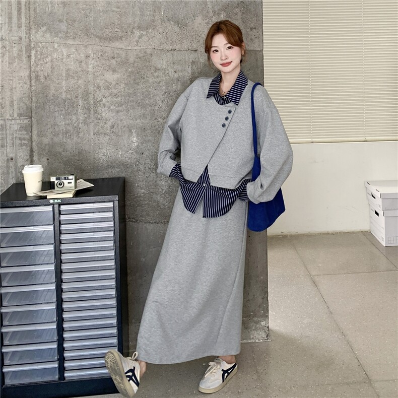 2026春新条纹拼接假两件灰色卫衣+半身裙套装2C375-564-P175-K258,女装套装/套裙,2C375