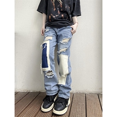B221美式ins高街小众个性拼接宽松破洞牛仔裤LK23099-P65控88，男装牛仔裤，电商B221
