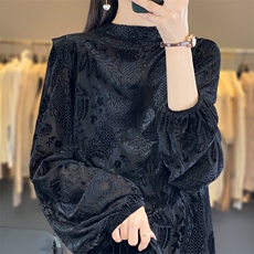 真丝缎面提花新中式纯色衬衫女春夏新款衬衣长袖简约气质国风上衣，女装T恤，佳绒高端店