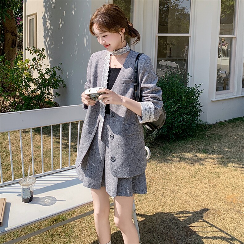 蕾丝飘带休闲西装外套女套装2025秋新款气质V领西服百褶A字短裙,女装套装/套裙,霓裳依族