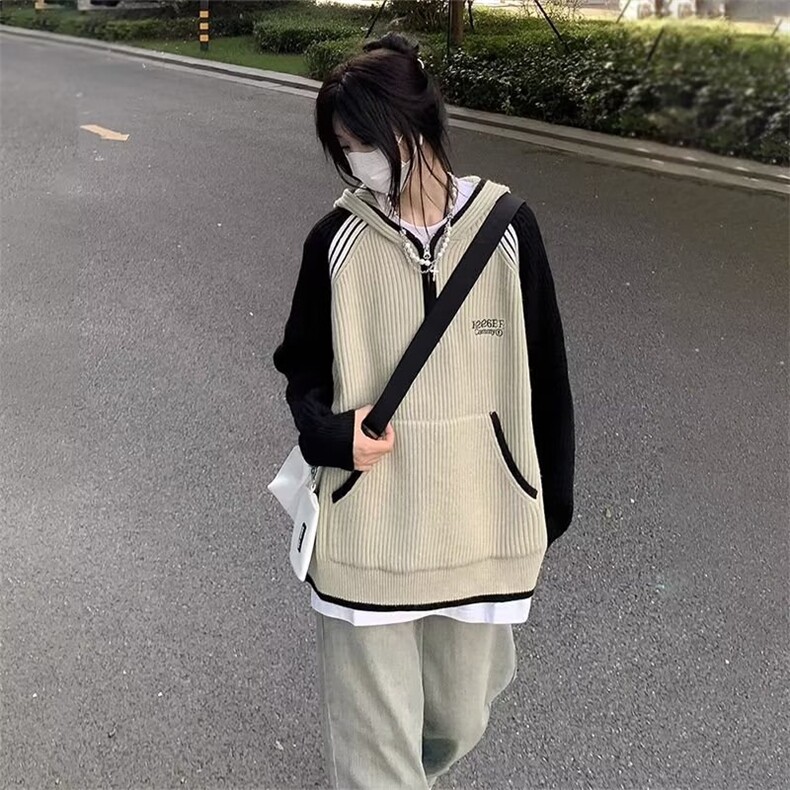 778-P55潮牌拼色毛衣女秋冬季美式复古百搭宽松半开拉链针织衫,男装针织衫/毛衣,电商B323A