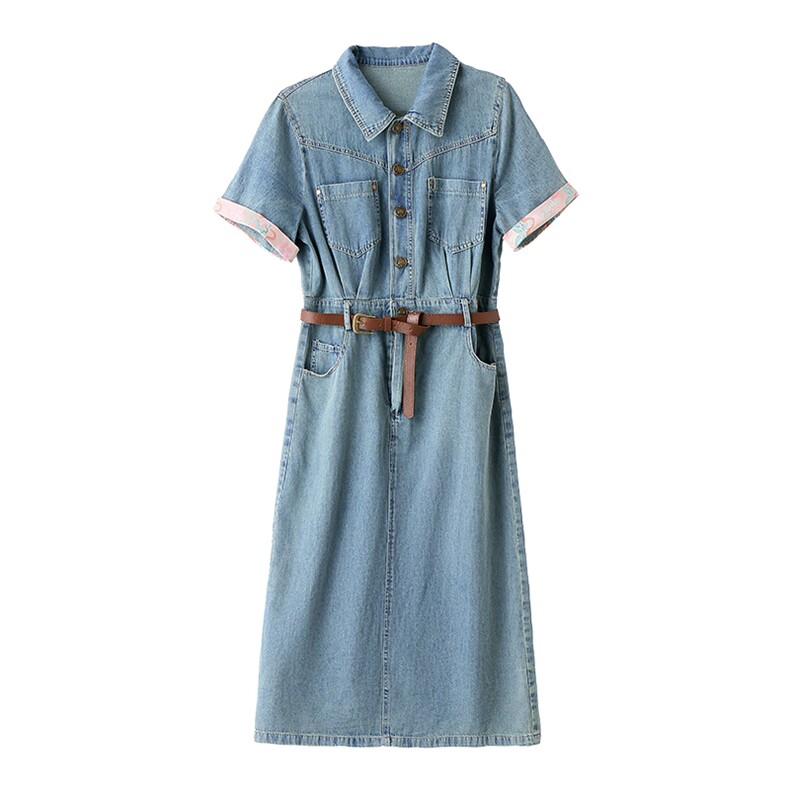 贝拉拉浅色牛仔连衣裙女夏季新款高级感复古国风收腰短袖中长裙子,女装连衣裙,布芭啦