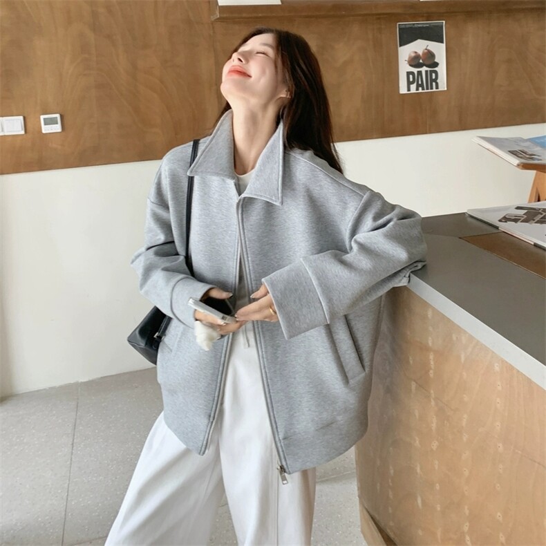 减龄韩版上衣浅灰色翻领卫衣开衫外套女秋,女装卫衣/绒衫,2B188