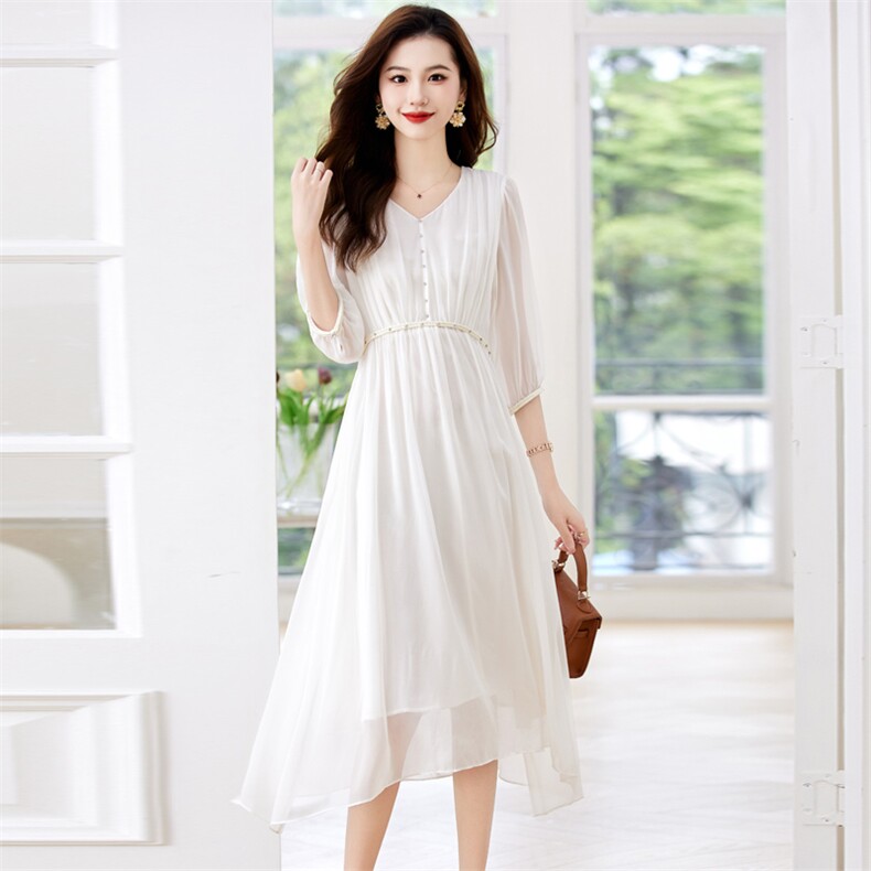 法式高级感杭州重磅白色真丝中袖五分袖连衣裙女夏，女装连衣裙，阿舍尔精品