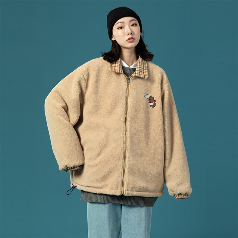 703-Y252-P115秋冬格纹毛呢拼羊羔毛双面穿小熊绣花外套,女装短外套,星座703