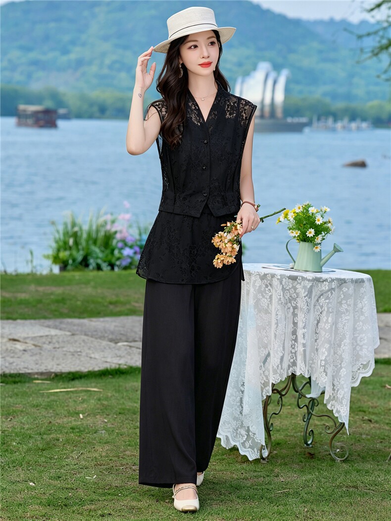 （新款现货）2026夏装潮流V领蕾丝上衣+屁帘棉麻阔腿裤套装两件套,女装套装/套裙,印象茜