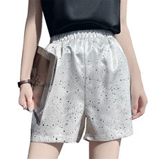 夏季烫钻短裤冰丝丝滑质感缎面百搭松紧腰开叉薄款阔腿裤显瘦热裤，女装短裤/热裤，圣丽羊绒
