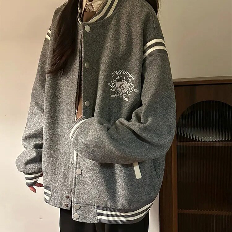 美式复古灰色学院风外套女宽松刺绣设计感棒球服运动夹克上衣,男装夹克,星座506A