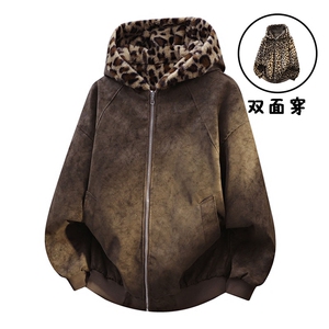 数据款座山雕荔枝纹双面穿PU皮豹加绒男女连帽棉衣PYM659 P100图片