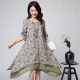 优雅复古印花长袖连衣裙宽松显瘦不规则下摆设计，女装连衣裙，丽影随形