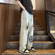 k1080-p55-控78M-5XL现货oversizecleanfit风黄泥牛仔裤破洞，男装牛仔裤，星座116