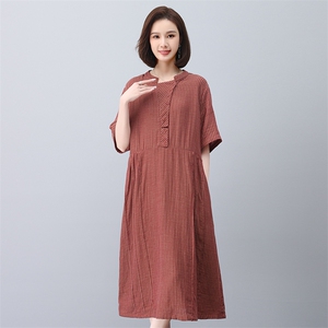 棉麻连衣裙夏季2025新款妈妈遮肚显瘦宽松a字裙亚麻裙子女中长款图片