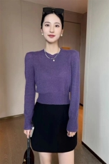 时尚百搭紫色圆领短款羊毛衫显瘦修身麦穗针织毛衣，女装羊毛衫，泰沅羊绒