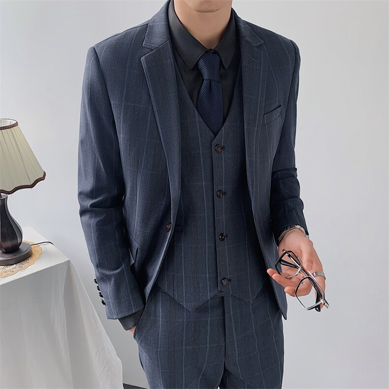 韩版修身男士西服套装格子西装三件套新郎结婚礼服,男装西服套装,星座1012