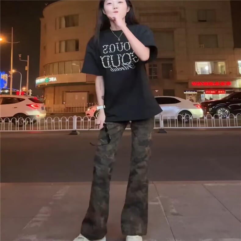 2132-P35文艺流行新款百搭潮流时尚日系慵懒迷彩色牛仔长裤,男装休闲裤,电商B323A