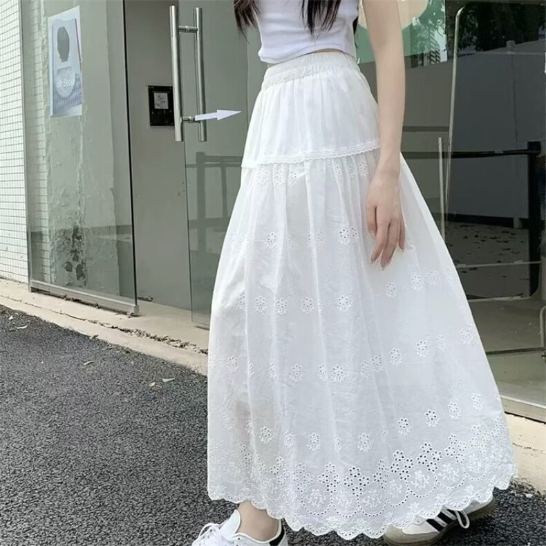 日系镂空刺绣蕾丝半身裙女夏季超仙白色文艺宽松百搭显瘦长裙，女装半身裙，星座1210-1