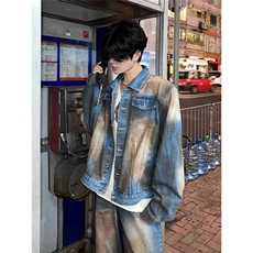 GW6609-P65铁锈蓝短款垫肩牛仔外套男高级感痞帅工装夹克水洗，男装工装外套，电商B323A