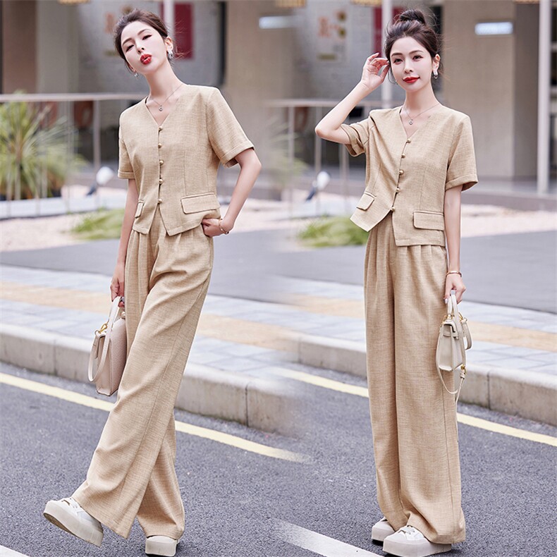 （现货）高级不易皱棉麻后腰松紧两件套套裤，女装套装/套裙，恋慕依尚