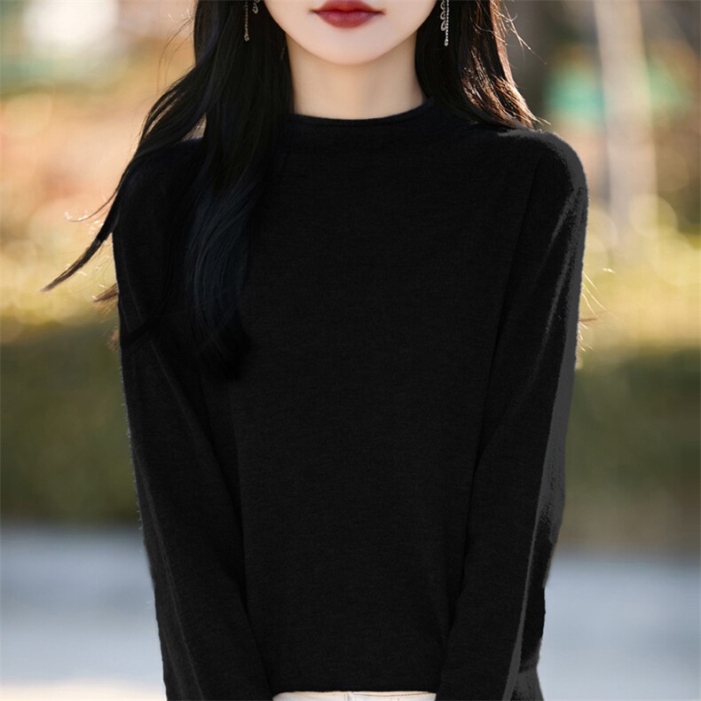 卷边半高领超细精纺羊毛衫女春秋薄款针织毛衣宽松打底衫短款上衣,女装羊毛衫,总能电商供货