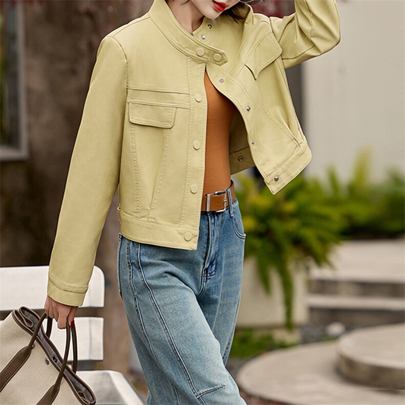 现货机车风外套2025春装新款女装时尚休闲简约短款立领落肩袖夹克，女装皮衣，美拉德工厂直营店