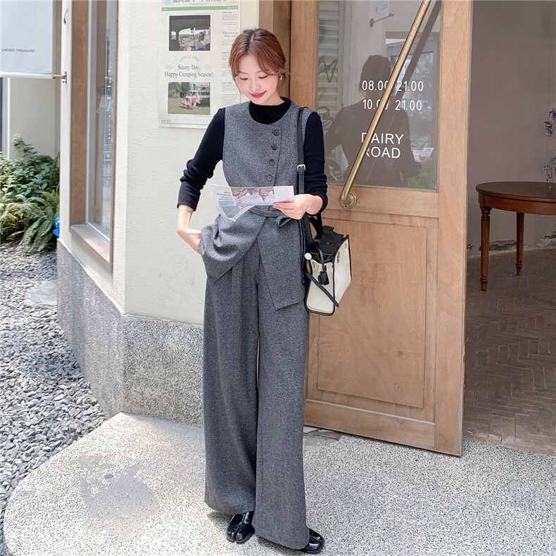 韩系灰色西装马甲两件套女2025春秋季新款高级感显瘦阔腿长裤套装,女装套装/套裙,浙宝069