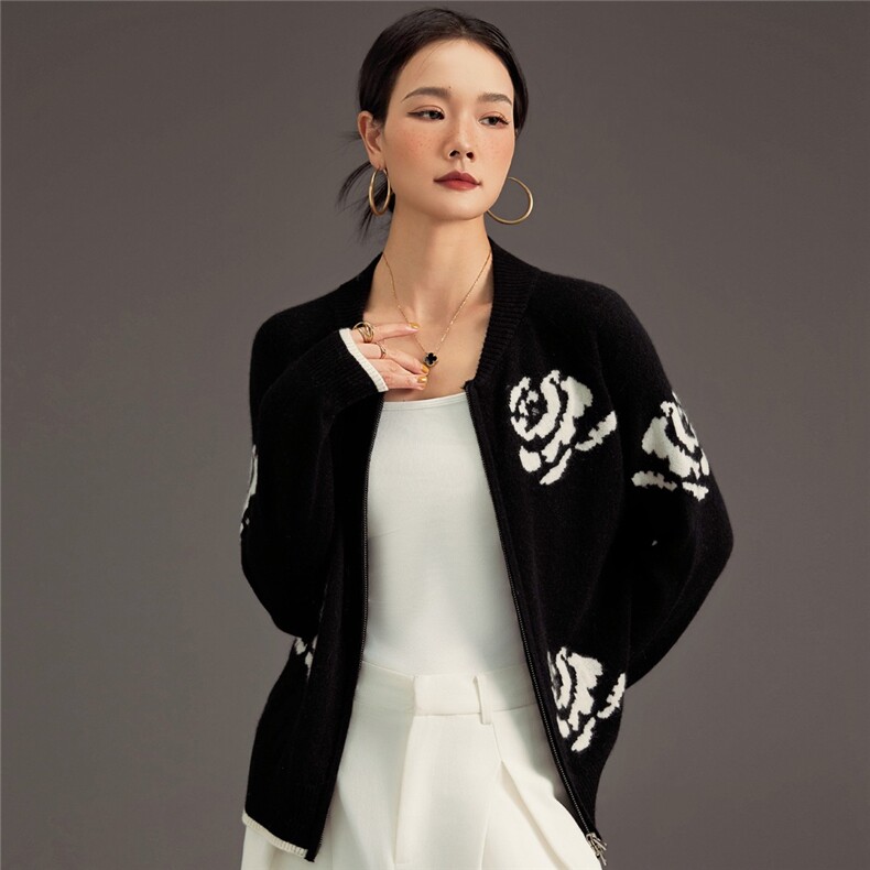 2025新款舒适时尚百搭山茶花拉链开衫,女装羊绒衫,鑫萬耀羊绒