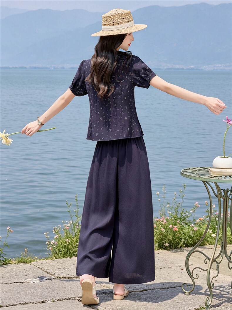 碎花小立领收腰小衫配阔腿裤时尚清新田园风两件套,女装套装/套裙,水衣源