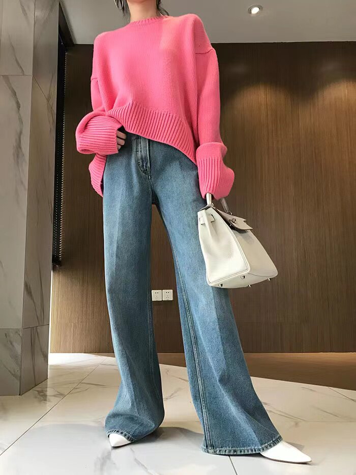 重磅加厚圆领女宽松显瘦慵懒风百搭针织衫打底毛衣,针织衫/毛衣,半城羊绒