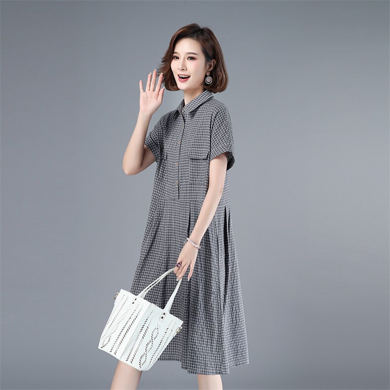 2021年夏季中长款格子套头A字裙40-49周岁POLO领韩版裙子高腰,女装连衣裙,伊满意