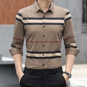 2023春秋季新款条纹衬衫男长袖中年男装潮流商务休闲宽松薄款寸衫,男装衬衫,电商B212（原钱塘6029）