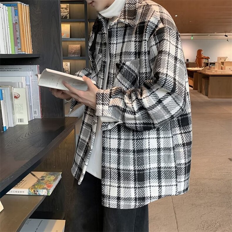 外套男毛呢格子日系秋冬季复古宽松加厚衬衫工装夹克衬衣C28-P63,男装衬衫,星座308B-2