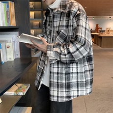 外套男毛呢格子日系秋冬季复古宽松加厚衬衫工装夹克衬衣C28-P63，男装衬衫，星座308B-2