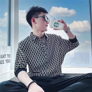 薄款冰丝拼接格子衬衫男士夏季修身痞帅翻领五分袖衬衣 CS111图片