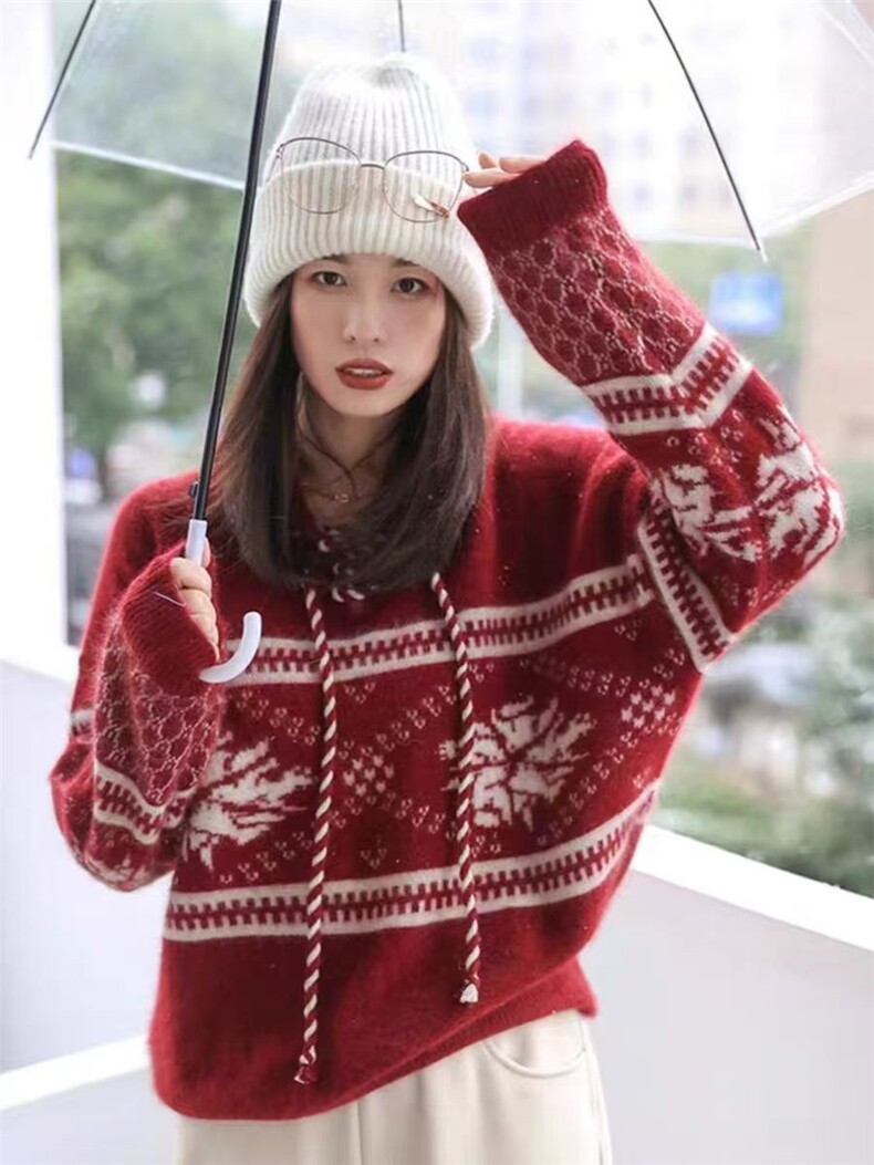 时尚提花女士羊毛衫舒适保暖显瘦连帽设计,女装羊毛衫,千御纺羊绒