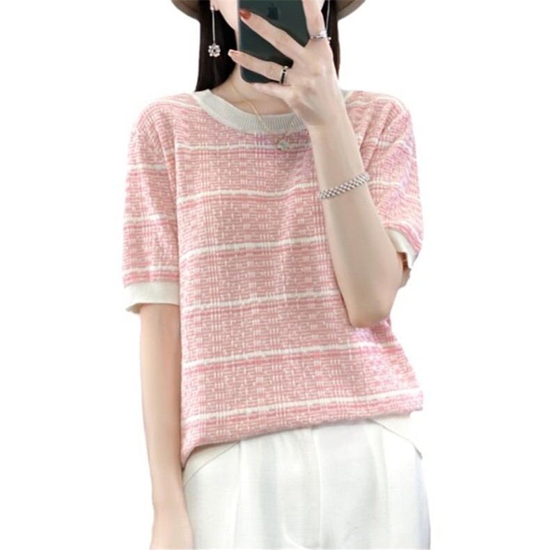 纯棉短袖女夏季新款条纹撞色圆领半袖宽松薄款针织上衣短袖,针织衫/毛衣,斯美雅电商供货