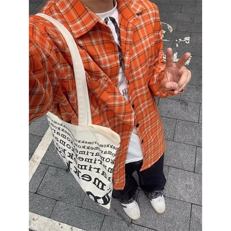 美式复古显白橘色格子衬衫外套女宽松防晒衬衣潮 CB408图片