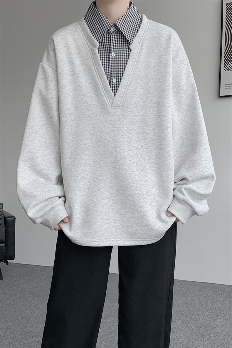 M-8XL假两件格子拼接衬衫领卫衣特大码重磅长袖V领上衣WY5112/P55,男装衬衫,电商B238