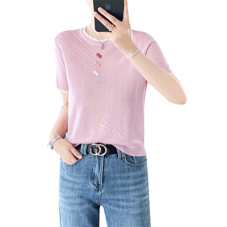 撞色圆领冰丝短袖针织T恤女夏季新款优雅气质感时尚宽松显瘦上衣,针织衫/毛衣,暖姿羊绒