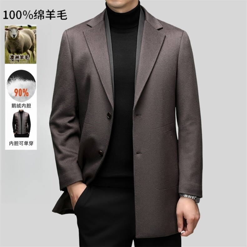 高端中年绵羊毛白鹅绒内胆翻领大衣秋冬中老年羊毛双面呢外套，男装毛呢大衣，钱塘723