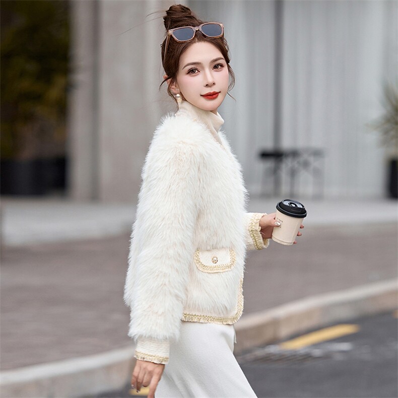小香名媛风皮毛一体外套女2024冬新款气质短款毛茸茸环保皮草上衣,女装棉衣/棉服,奕薇雅