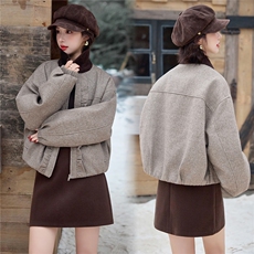 水衣源2902款撞色翻领木耳边羊毛呢外套女冬季夹棉保暖呢子夹克女，女装棉衣/棉服，水衣源