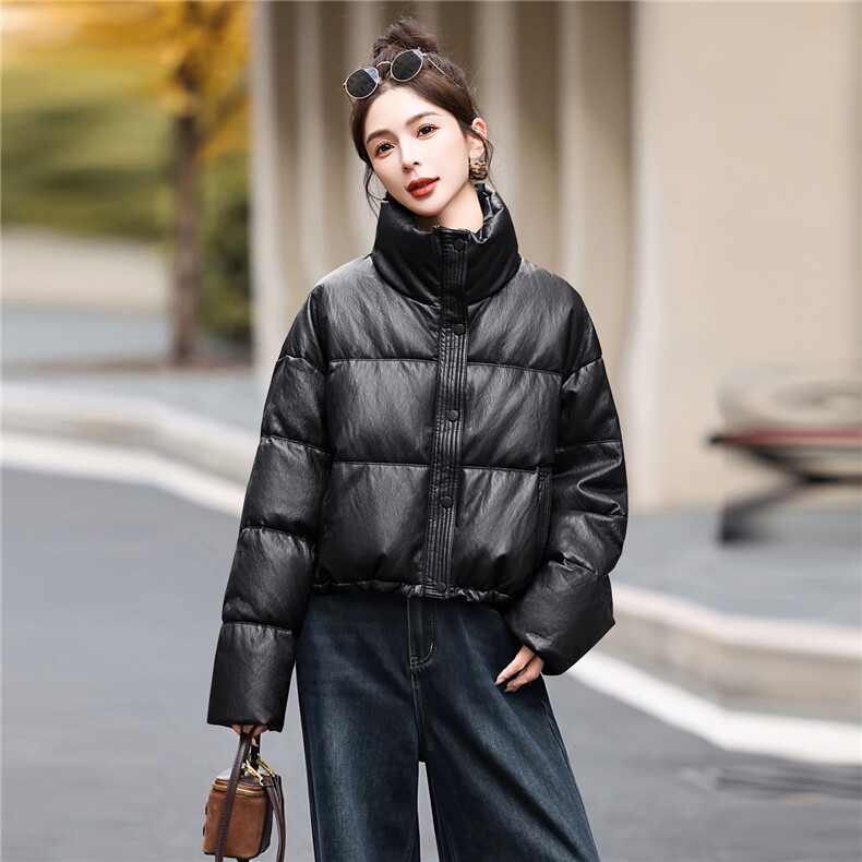 美拉德pu皮羽绒服女短款冬季新款免洗立领小个子加厚白鸭绒外套,女装羽绒服,意芙