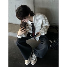 美式潮牌高街复古泡泡纱竖条纹日系肌理长袖衬衫男女休闲宽松衬衣，男装衬衫，电商A443