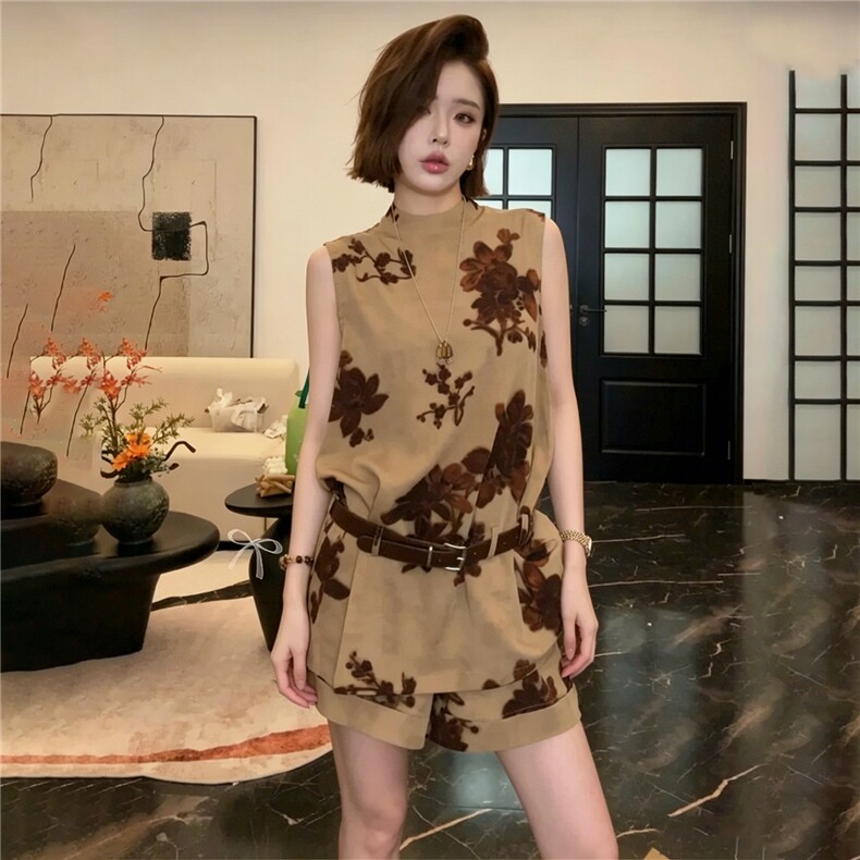 韩版休闲时尚套装女夏款个性简约圆领印花无袖上衣宽松短裤两件套,女装套装/套裙,江南