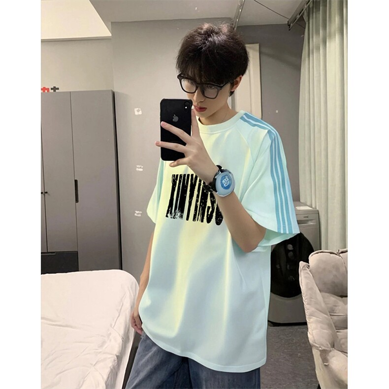 抖音得物品质二开240克宽松纯棉美式潮牌印花三条杠中性风短袖T恤,男装T恤,电商A486-1
