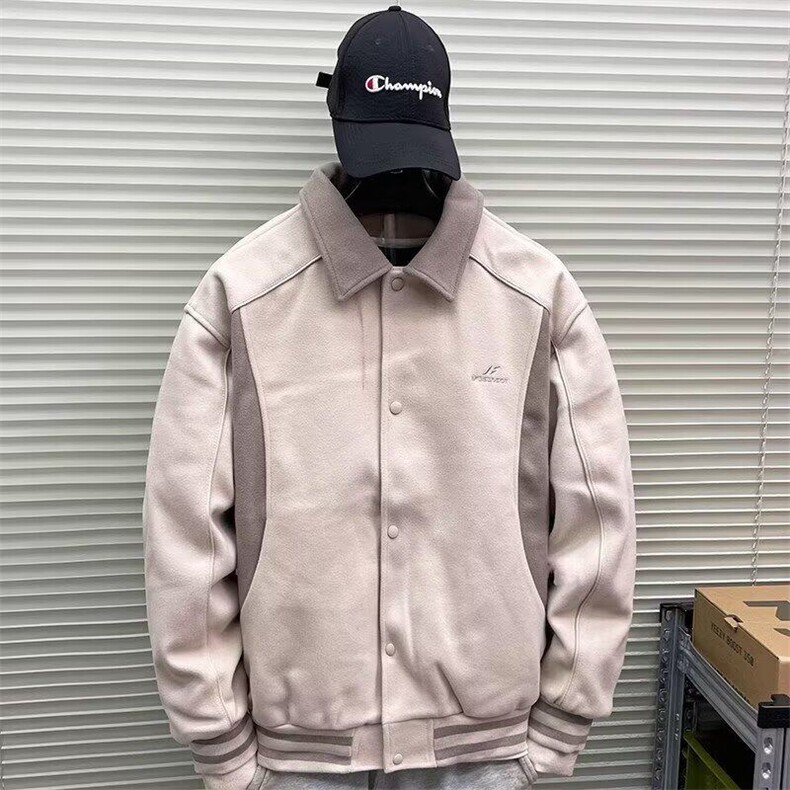 W9558-P65 网图现货 美式高街撞色拼接毛呢棒球服夹克外套图片